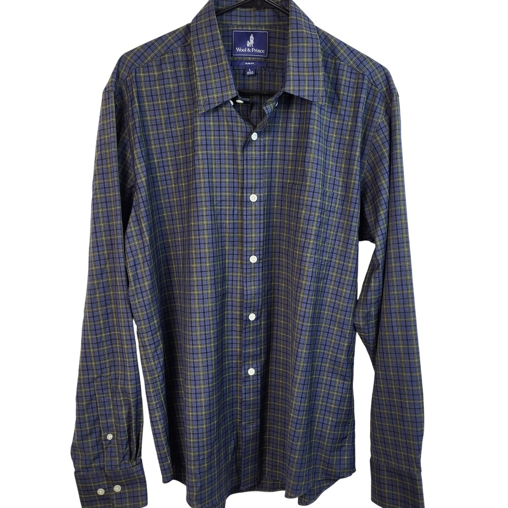 Wool & Prince Mens Large Slim Fit 100% Wool Plaid Button Front Dress Shirt Blue
